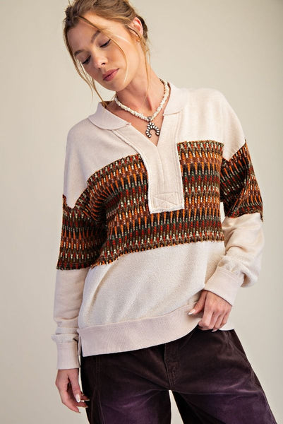 CROCHET MIX PULLOVER, OATMEAL