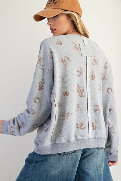 WINNIE WESTERN PRINTED TERRY PULLOVER, HEATHER GREY