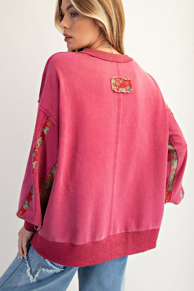 TERRY PULLOVER W/ FLOWER STRIPE, BOHO RED