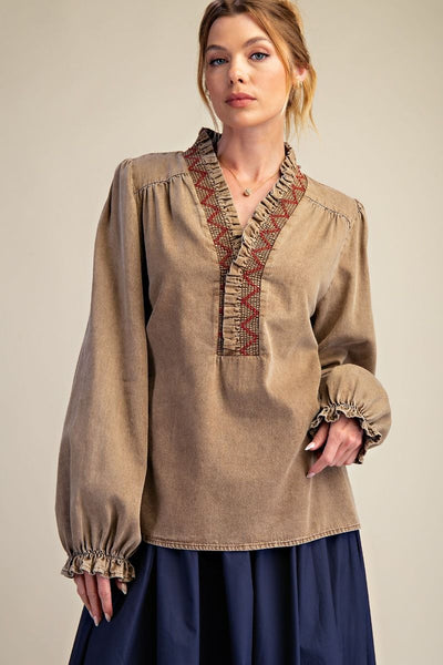 WASHED TWILL TOP, CAMEL