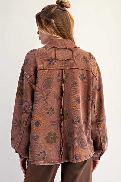 FLORAL PRINTED TERRY PULLOVER SHIRT, CHOCOLATE