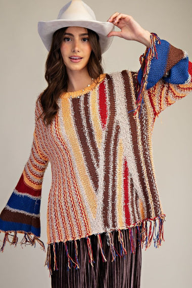 BOHO THREAD MULTI COLOR KNITTED SWEATER, CORAL BROWN