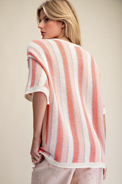 MULTI COLOR STRIPED KNITTED SWEATER, CORAL PINK