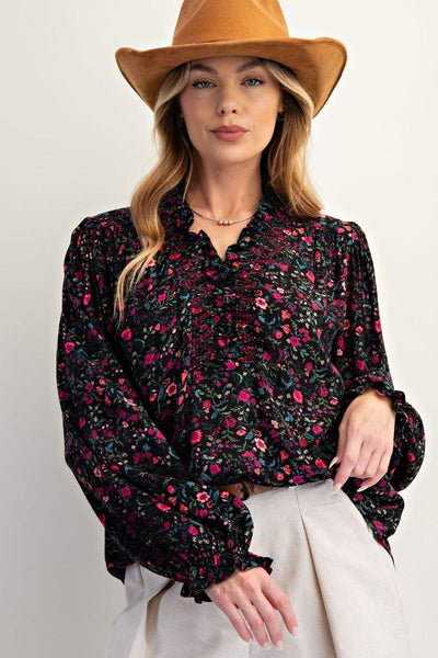 RUFFLED HIGH NECK BLOUSE, BLACK