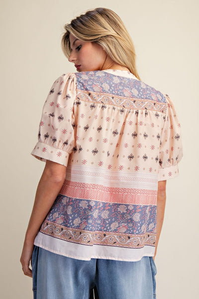 BORDER PRINT BLOUSE, KHAKI BLUE