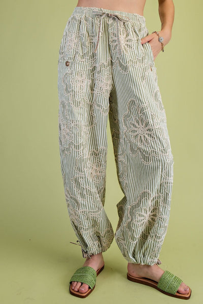 EMBROIDERED STRIPE PANTS, SAGE