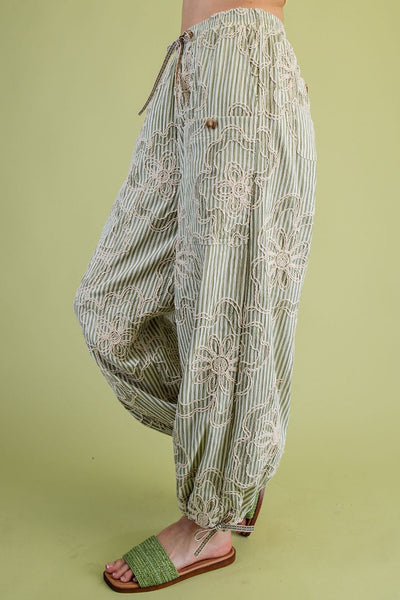 EMBROIDERED STRIPE PANTS, SAGE